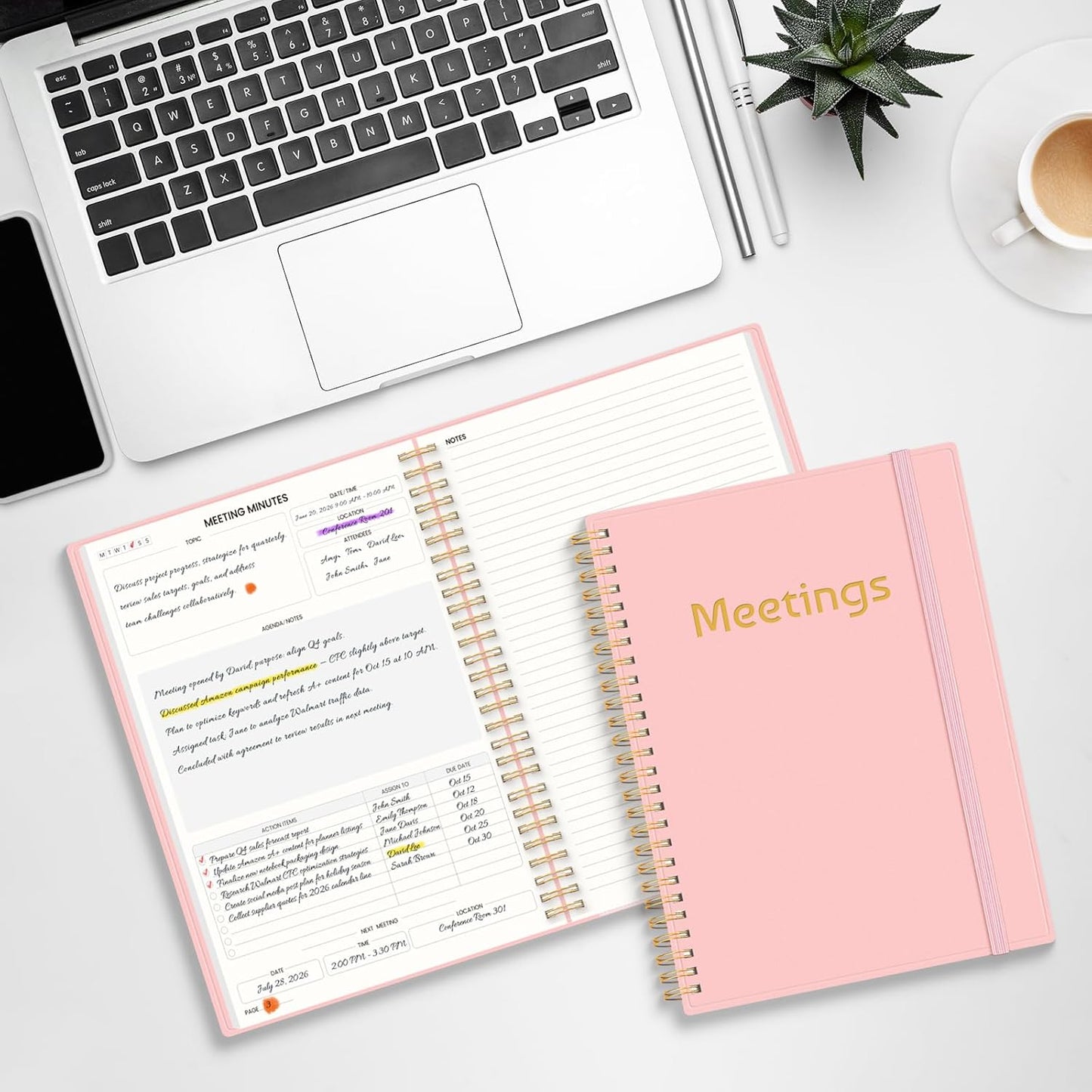 SUNEE Half Meeting Half Note 7"x10" Notebook for Work – 140 Pages, B5 Size Project Planner for Women&Men, Minutes Organizer for Meeting Notes, Ideas for Office/Business, PVC Waterproof Cover, Pink