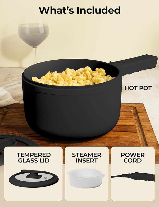 PRO Electric Hot Pot with Lid and Steamer, 1.5L Non Toxic Ceramic Cooker Skillet for Ramen, Eggs, Pasta Portable and Compact for Dorms, Camping, RVs, Work, Adjustable Temperature