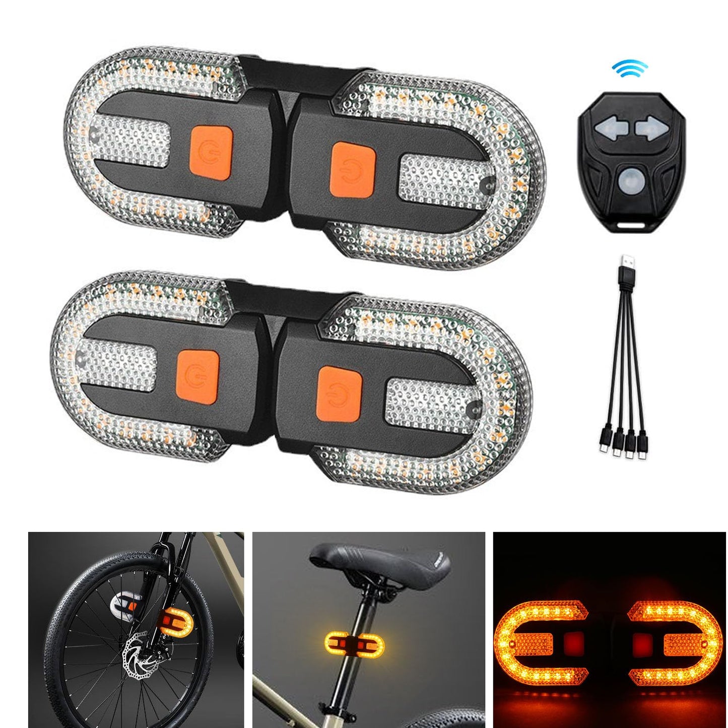 BCTEPTFOTL Bike Tail Light with Turn Signal, USB Rechargeable, 4PCS Yellow + Red, Remote Control, 5 Modes