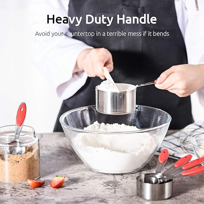 U-Taste 18/8 Stainless Steel Measuring Cups and Spoons Set and 600ºF High Heat-Resistant Kitchen Tong Set (Red)