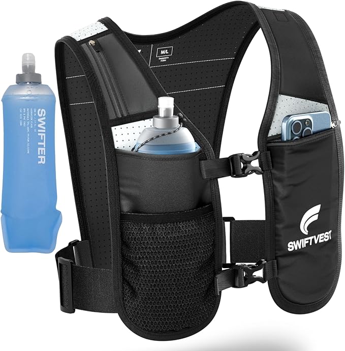 SWIFTVEST Running Phone Holder Vest with 500ml/17oz Water Bottle | Reflective Hydration Vest | Adjustable | Light | 6 Pock...