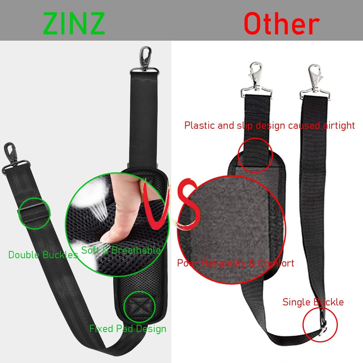 ZINZ 77 Inch Shoulder Strap Univesal Bag Strap with Fixed Pad Ultra Thick Plus Long & Breathable Cushion, Replacement Strap for Bags,Black