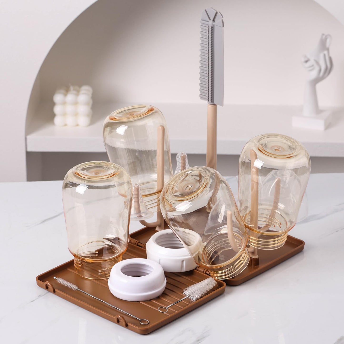 DIJIAMEIYA Baby Bottle Drying Rack，Travel Baby Bottle Drying Rack Set, Cleaner Kit with Silicone Bottle Brush,Straw Brush, Suitable for Home use or Traveling with Babies (Coffee Color)