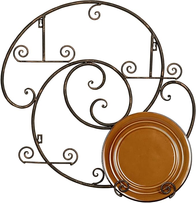 Laylla Wall-Mounted Plate Rack | Handpainted Antique Bronze Durable Powdercoat | Handcrafted Metal Display with Swirling Scroll Accents | Holds 4 of Your Decorative 9 to 12 Inch Round or Square Plates