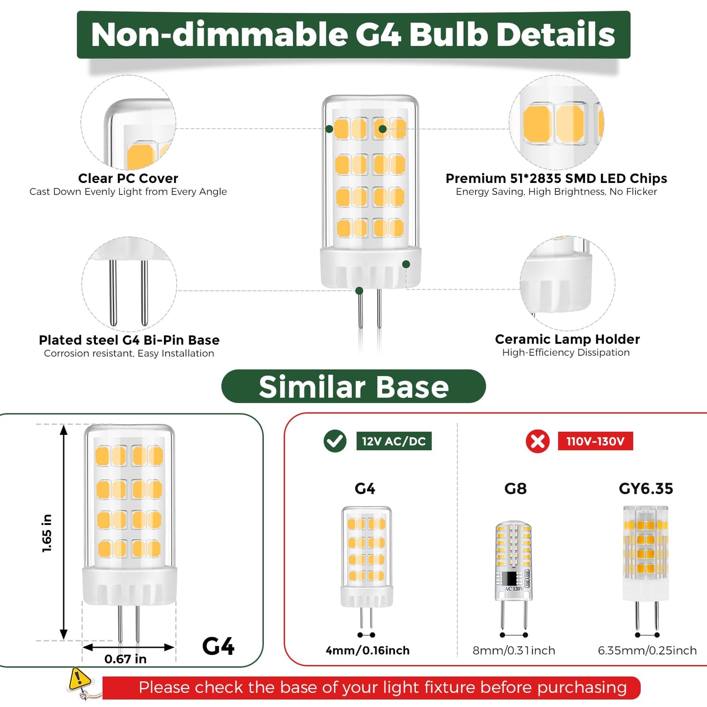 Gardencoin G4 LED Bulb 4W 480LM 2700K Warm White, 12V AC/DC, 360° Beam Angle, T3 Halogen Replacement, High-Efficiency Ceramic Base for Landscape, Cabinet, Ceiling Lights, 10 Pack