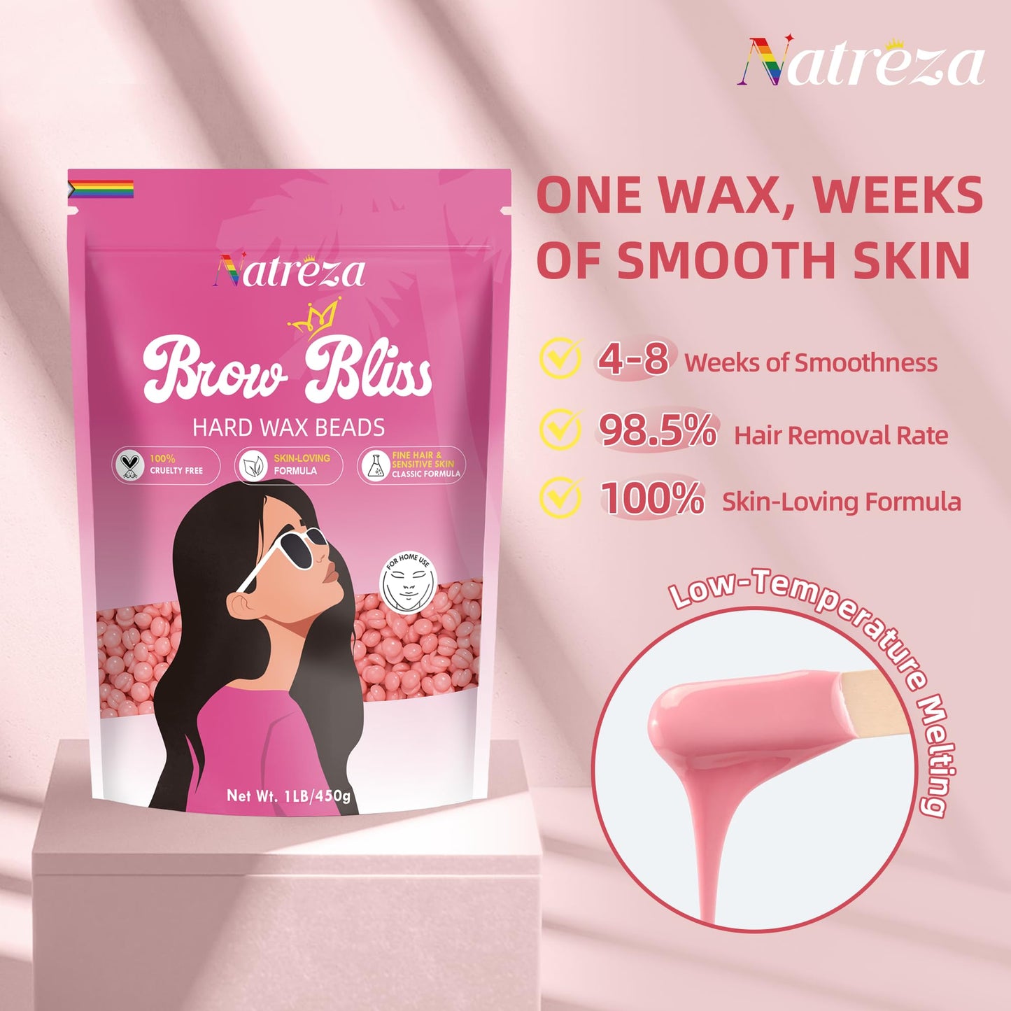Natreza Hard Wax Beads, 1lb Waxing Beads for Face, Brazilian, Bikini, Legs, Underarms, Sensitive Skin, Full Body Waxing, Wax Mel