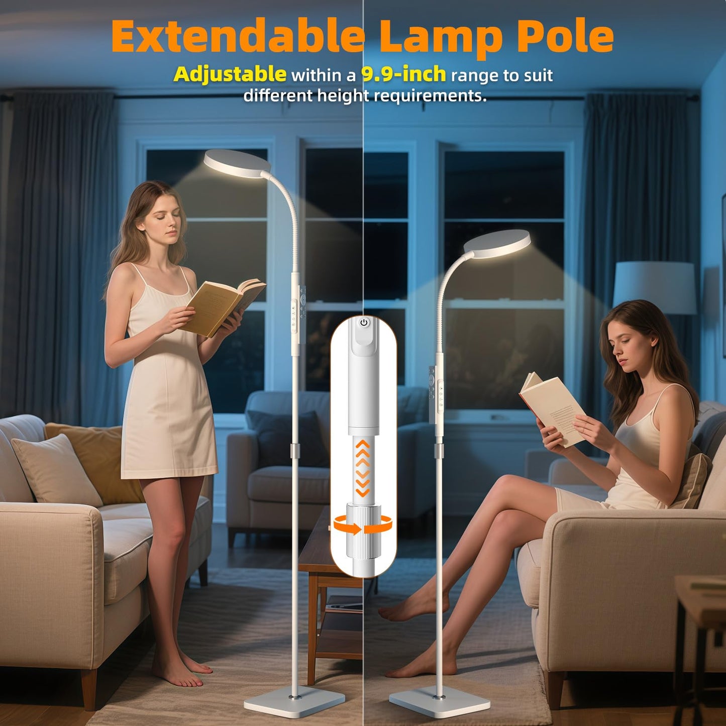 PACOVY Adjustable Height Floor Lamp, LED Dimmable Gooseneck, Copper, 1 Pack, White, Model ADJ-01