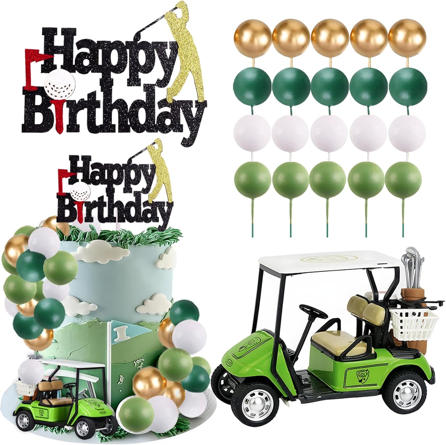 MEMOVAN Golf Cake Decorations Golf Birthday Cake Toppers Mini Golf Cart Toy Golf Theme Cake Decorations with Green Gold and White Ball Cake Topper for Golf Theme Party Supplies