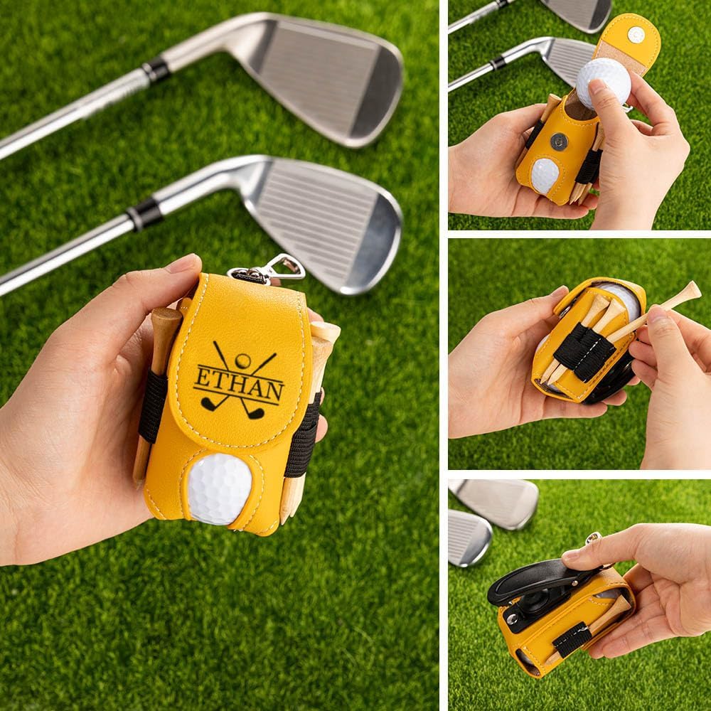 Custom Name Golf Ball Holder with Clip Leather Personalized Monogram Golf Tee Holder for Golf Bag Waist Golf Ball Tee Pouch Bag Gifts for Golfers Men Women