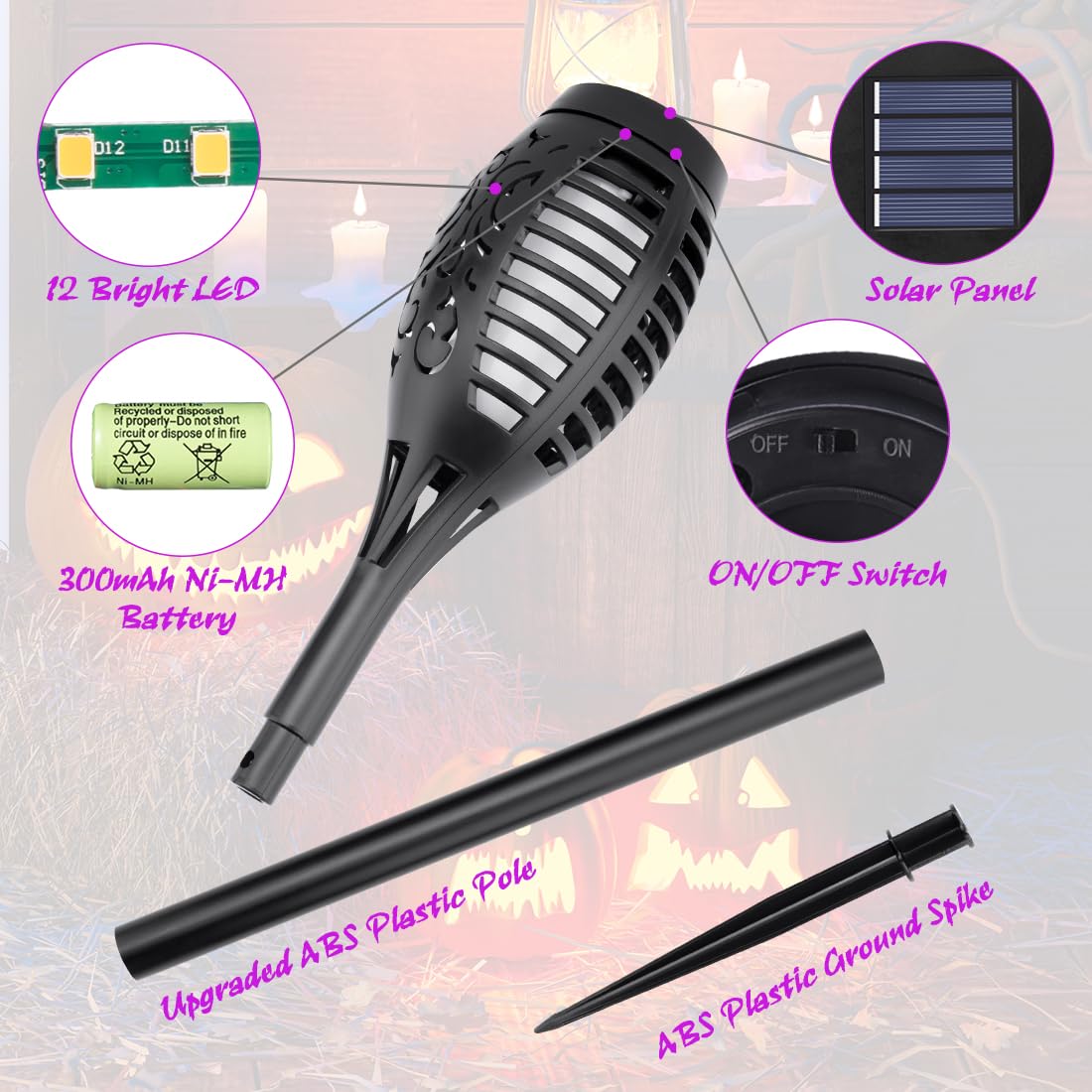 IkeeRuic Purple Solar Torch Lights, 6 Pack, Flickering Flame, Waterproof Outdoor Garden Pathway Decor