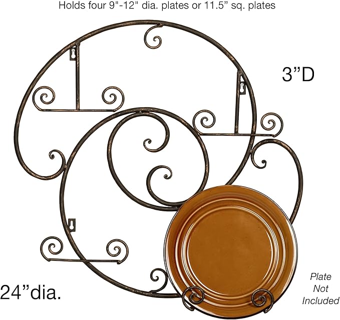 Laylla Wall-Mounted Plate Rack | Handpainted Antique Bronze Durable Powdercoat | Handcrafted Metal Display with Swirling Scroll Accents | Holds 4 of Your Decorative 9 to 12 Inch Round or Square Plates