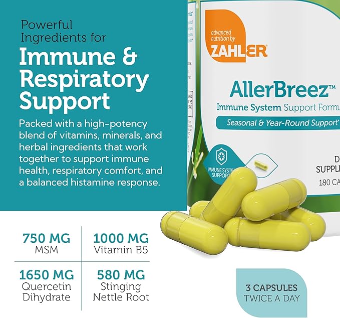 Zahler AllerBreez Immune System Support Formula with Vitamin C, Quercetin, Vitamin B5, MSM & Stinging Nettle - Seasonal & Year-Round Immune Support Supplement, Dhist Allergy Supplement (180 Capsules)