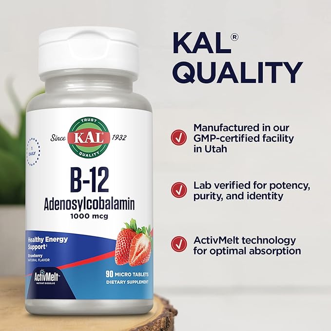 KAL Vitamin B12 Adenosylcobalamin 1000 mcg - B 12 Vitamin, Active B-12 1000mcg for Women & Men, Energy Support - Strawberry Flavor - 90 ActiveMelt Micro Tablets