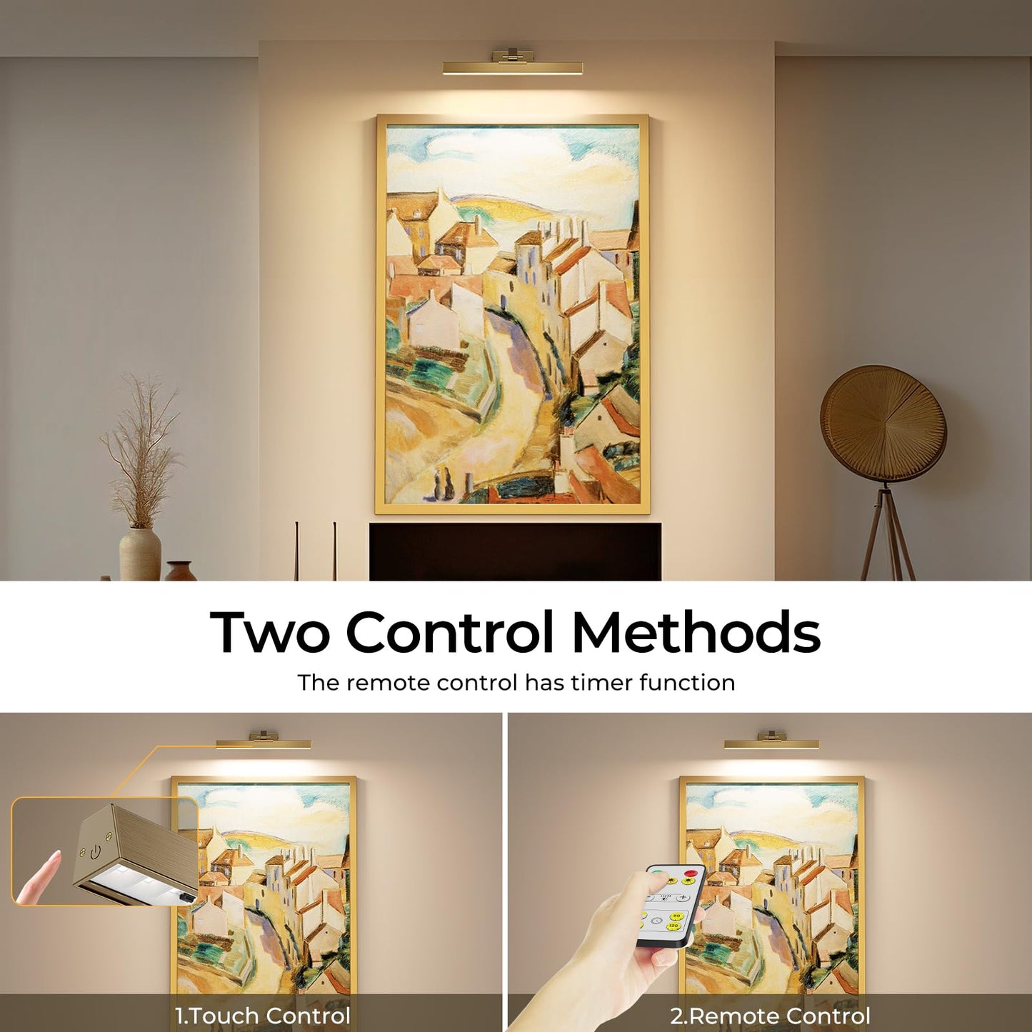 Afyuol Picture Lights for Wall, Brass Battery Operated Picture Light 16in Art Light CCT Dimmable Recharging Battery Wall Light with Remote Control for Living Room Gallery