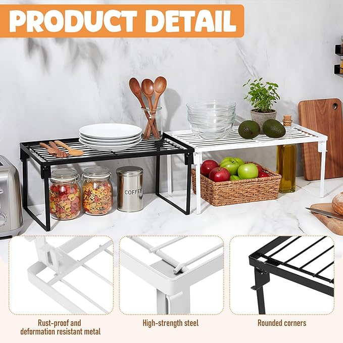 4 Pack Stackable Metal Kitchen Storage Shelf Foldable Racks, Pantry Shelf Cabinet Organizers, Expandable Storage Rack for Cabinet Fridge Bathroom (15 x 8.5 x 6.6, White, Black)