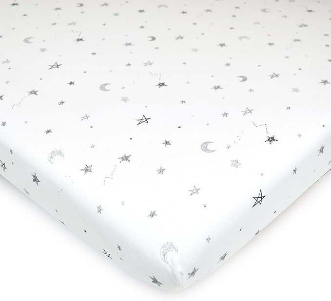 American Baby Company 100% Natural Cotton Fitted Cradle/Bassinet Sheet 36" x 18" - Soft, Breathable & Hypoallergenic Bed Sheet, Gray Stars and Moons, Neutral for Boys & Girls (Pack of 2)