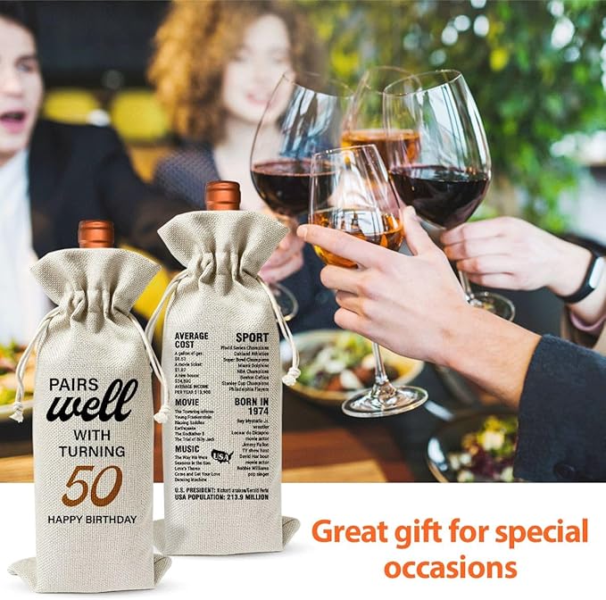 50th Birthday Wine Gift Bag For Best Friend Mom Dad Women Men, 1974 Birthday Idea Gift, 50th Anniversary Wine Bag, 50th Birthday Party Decor, Drawstring Burlap Wine Bottle Bag