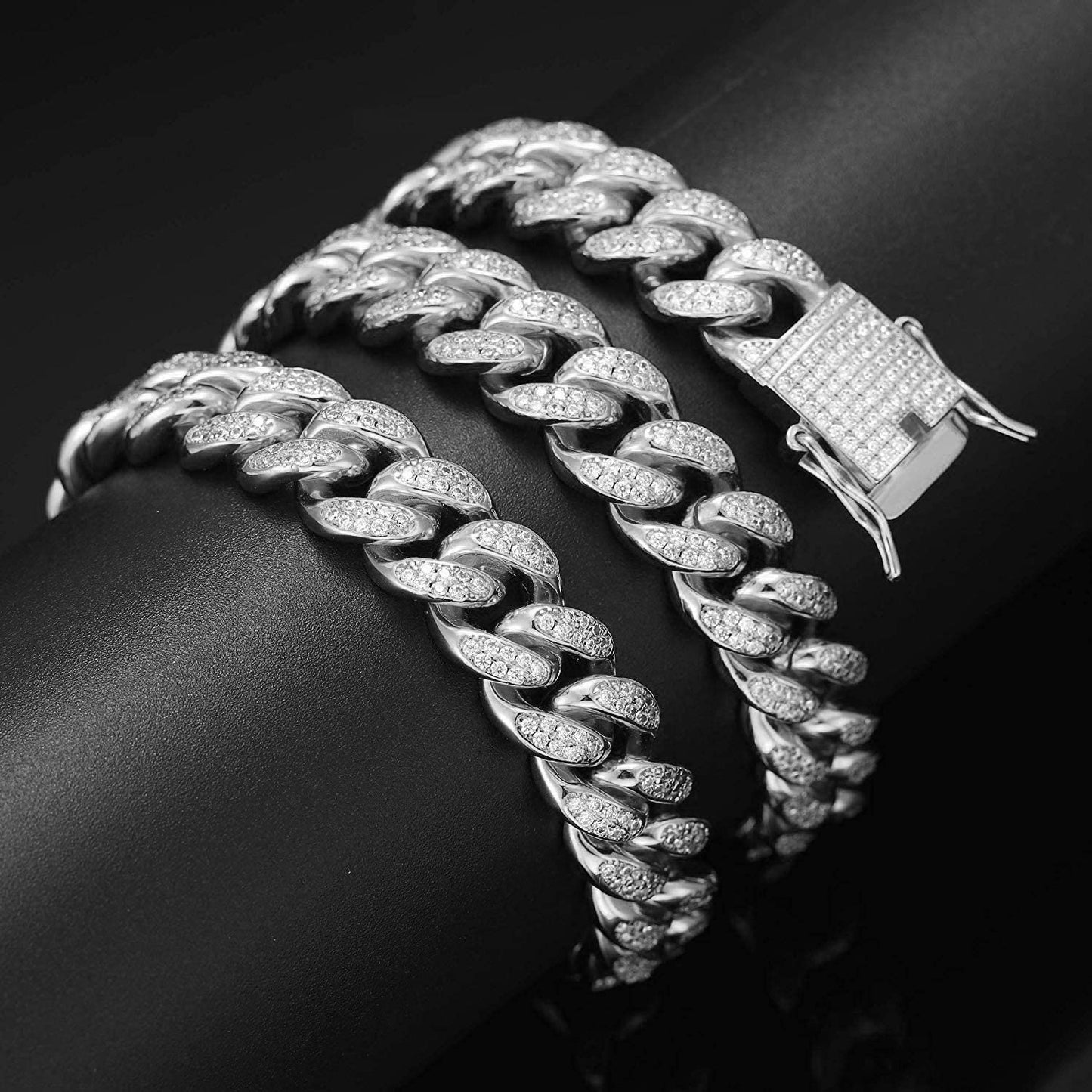 Apzzic 12mm Miami Cuban Link Chain Iced Out CZ Diamond Curb Choker Necklace with Giftbox for Men Women Silver 24inch