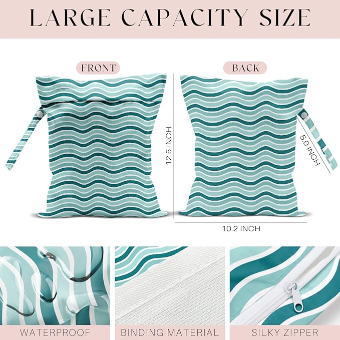 4 Pack Wet Bag for Swimsuit, Beach Travel Essentials Wet Dry Bag, for Sunscreen Toiletry Dirty Clothes Yoga Gym Diaper, Friend Summer Beach Vacation Gifts. Wave, grid