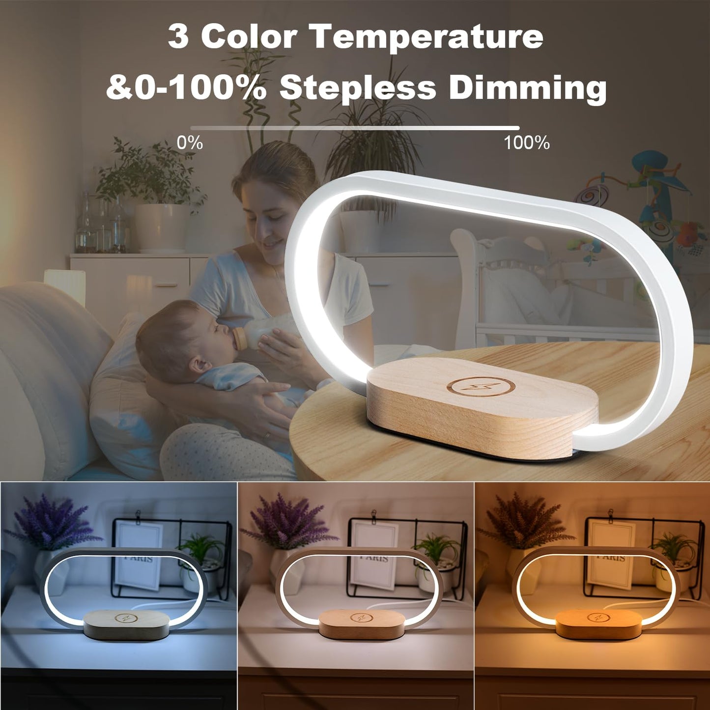 Donewin Wireless Charging Bedside Lamp With Usb Charging Port enhanced Wooden Nightstand Light For Bedroom Nursery Lamp Touch-Control Desk Lamp Ideal Gift Choice Stepless Dimming& 3 Color Temps