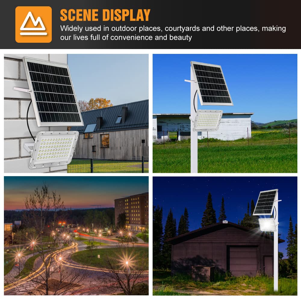 Tin Sum Solar 200W Led Flood Light - 18000 Lumens, Waterproof, Remote Control, White, For Yard, Garden, Pool, Court