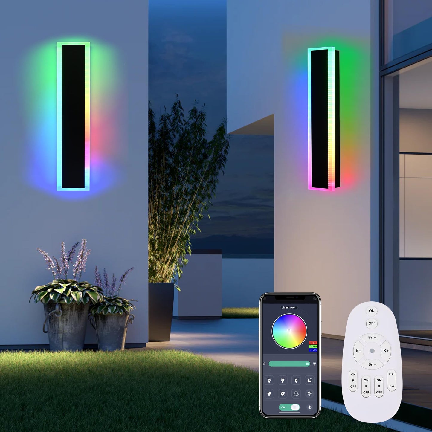 MELUCEE RGB LED Wall Lights, 24in Dimmable Metal Sconce, IP65 Waterproof, 2 Packs with Remote Control