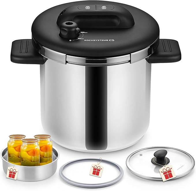 KOCH SYSTEME CS 8.5QT Pressure Cooker Stainless Steel, Olla de Presion, 18/10 Stainless Steel Pressure Cooker, Easy One-Press Lock Pressure Cookers, Induction Ready, Glass Lid & Steamer