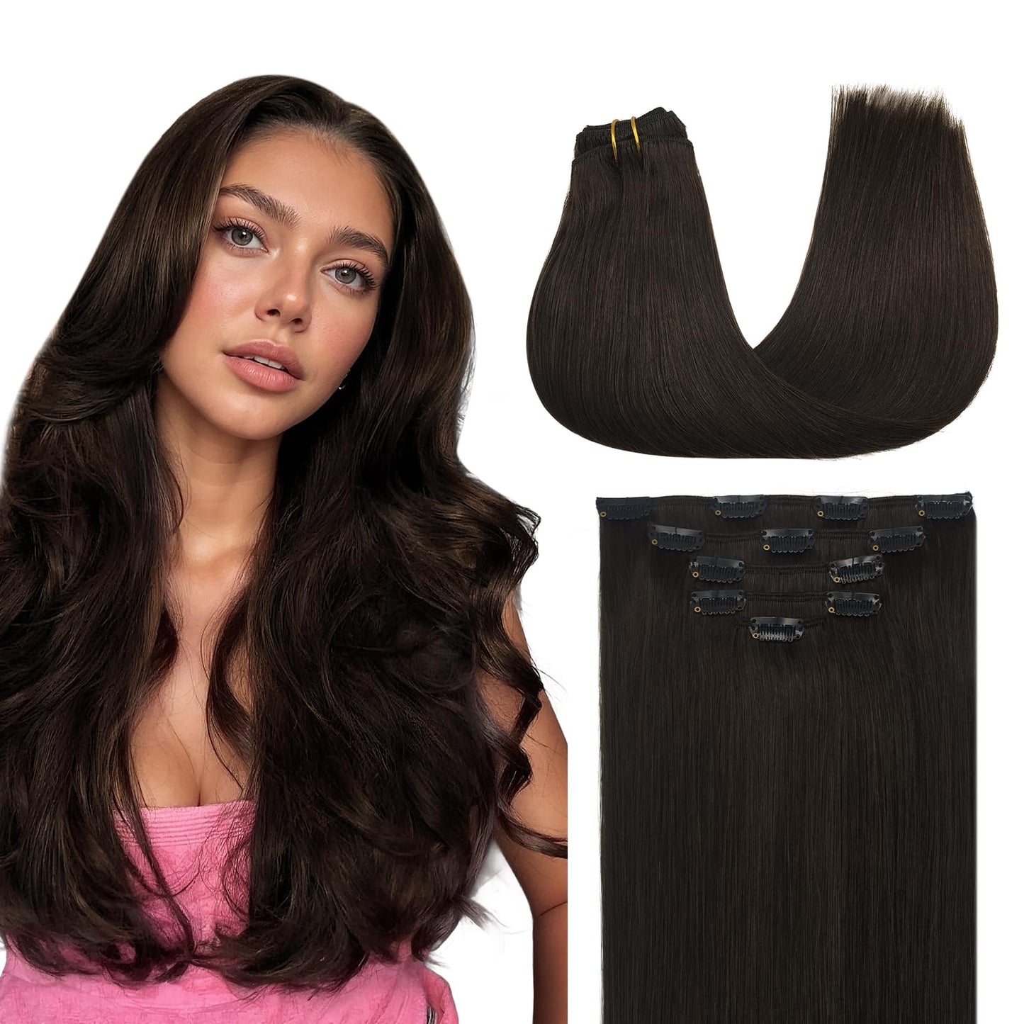 MAXITA Clip in Real Human Hair Extensions, 22 Inch 5pcs 80g Dark Brown Straight Hair Extensions