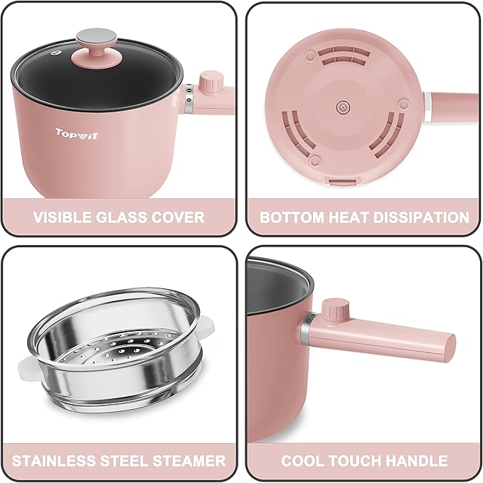 Topwit Hot Pot Electric with Steamer, 1.5L Ramen Cooker, Non-Stick Sauté Pan, Portable Cooking Pot, Electric Cooker with Dual Power Control, BPA Free, Over-Heating & Boil Dry Protection, Pink