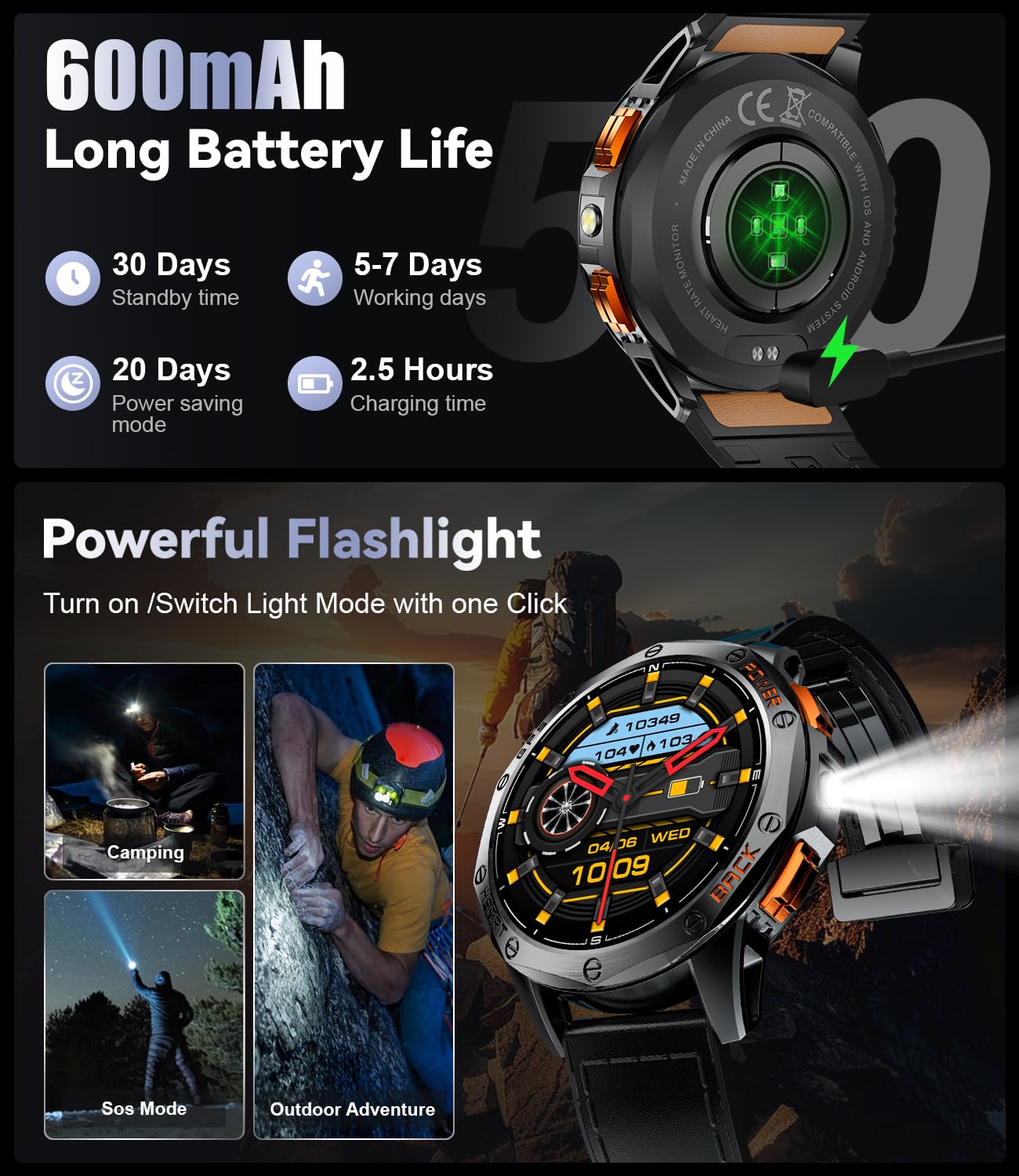 LIGE GPS Military Smart Watch for Men, LED Flashlight/Compass/45 Days Battery/IP68 Waterproof 1.43'' AMOLED Smartwatch, 100+ Sports Modes Fitness Tracker Watch, Rugged Smart Watches for Android iOS