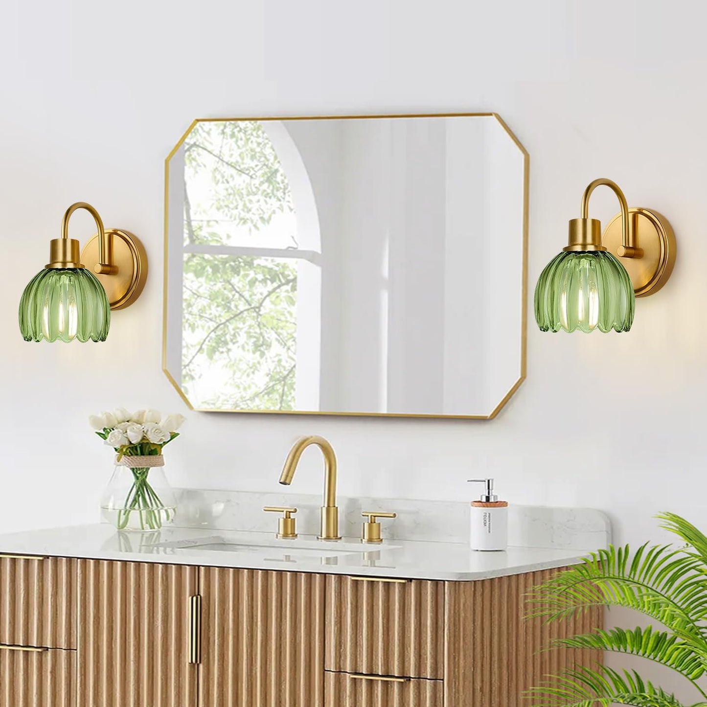 Meybiok 2-Pack Brushed Gold Bathroom Vanity Light, Single-Head Wall Sconce with Ribbed Green Tulip Glass Shade, Vintage Bathroom Light Fixtures for Bedroom, Hallway & Bedside (Bulbs Not Included)