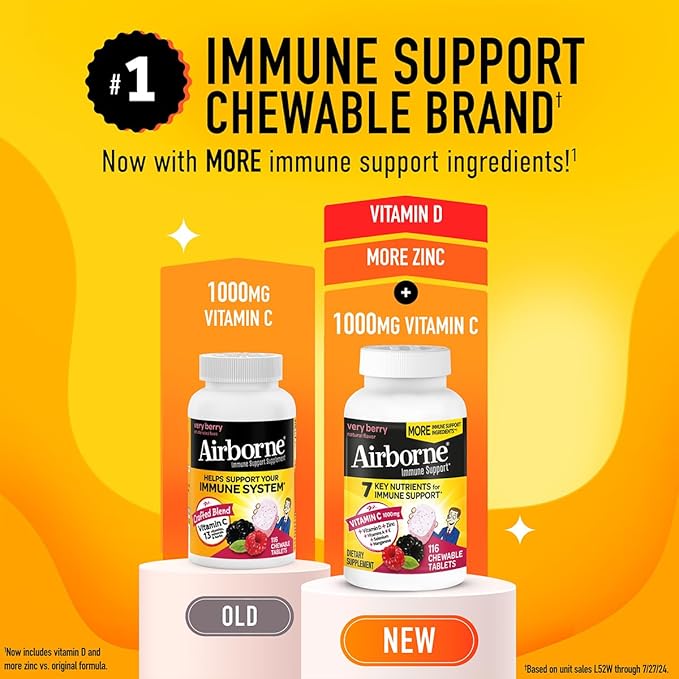 Airborne 1000mg Vitamin C + Zinc Immune Support Supplement Chewable Tablets, Very Berry Flavor with Powerful Antioxidants Vitamins A C & E, 116 Chewable Tablets (2 Pack)