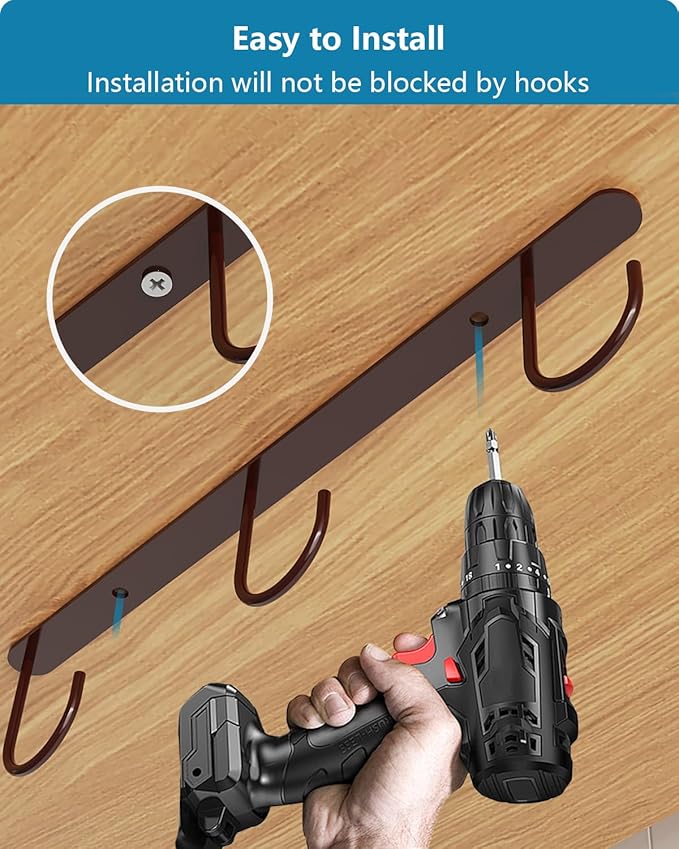 3 Pack Mug Hooks Under Cabinet, Coffee Mug Holder for Hanging Under Shelf, Cup Hanger with 9 Hooks for Displaying Mugs, Coffee Cups and Kitchen Utensils, Brown