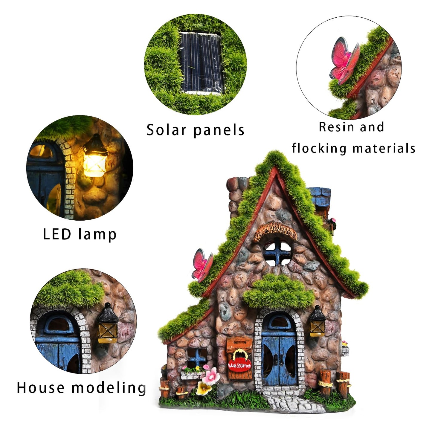 ASAWASA Resin Fairy House Statues with Solar Lights, Double House Garden Sculptures