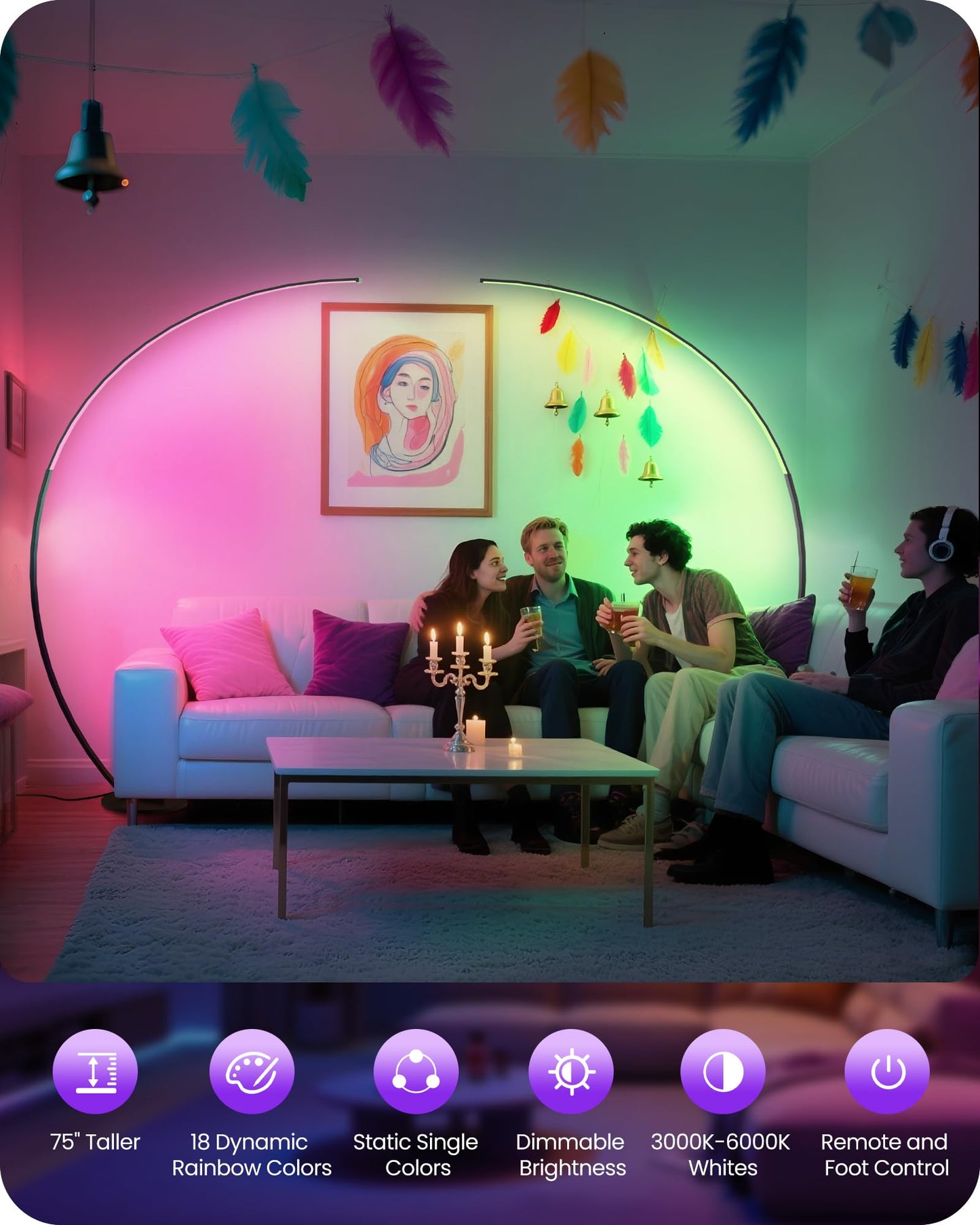 GOEBLESON RGBW Floor Lamp, Dimmable 75” Arc Lamp with Remote, 18 Colors, Metal, Model RB62LD05
