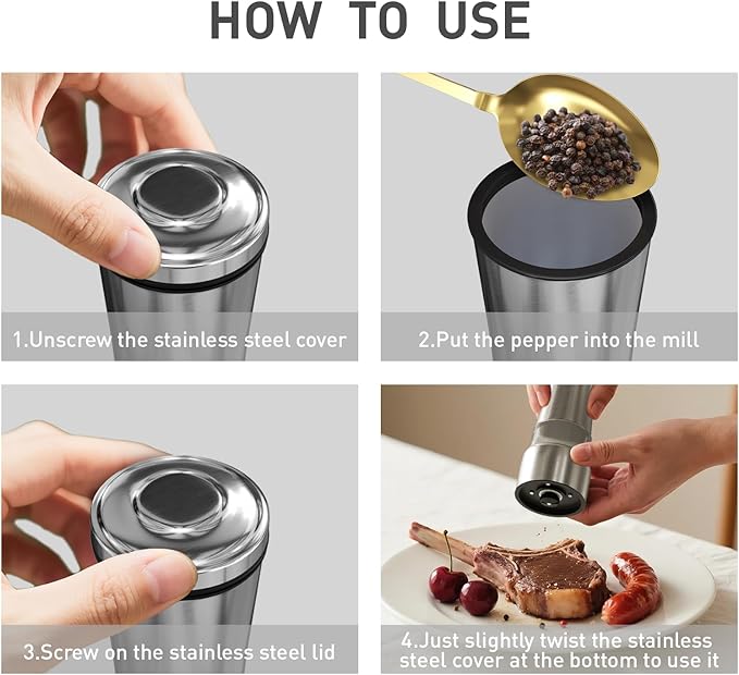 Two sets of salt and pepper grinders - large capacity stainless steel pepper grinder - manual grinder with adjustable roughness