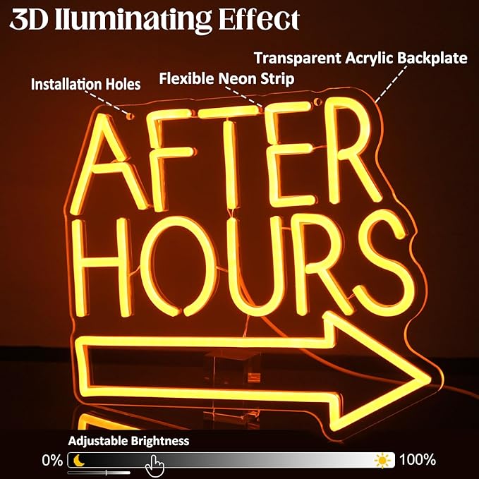 After Hours Neon Sign Bar LED Neon Lights Signs Orange Letter with Arrow Neon Signs for Wall Decor Dimmable Neon Wall Light for Club Pub Man Cave Bar Garage Party Decor Business Sign