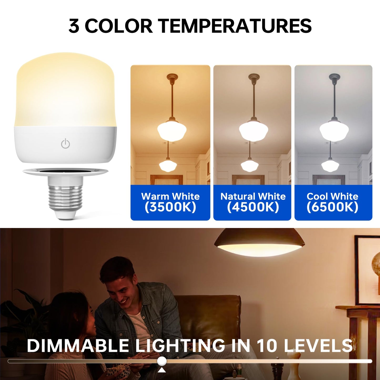 KINDEEP Rechargeable LED Night Bulb, E26 Wireless, 4000mAh, 400LM, Remote Control, 3 Color Temperatures, 12 RGB Colors, White,