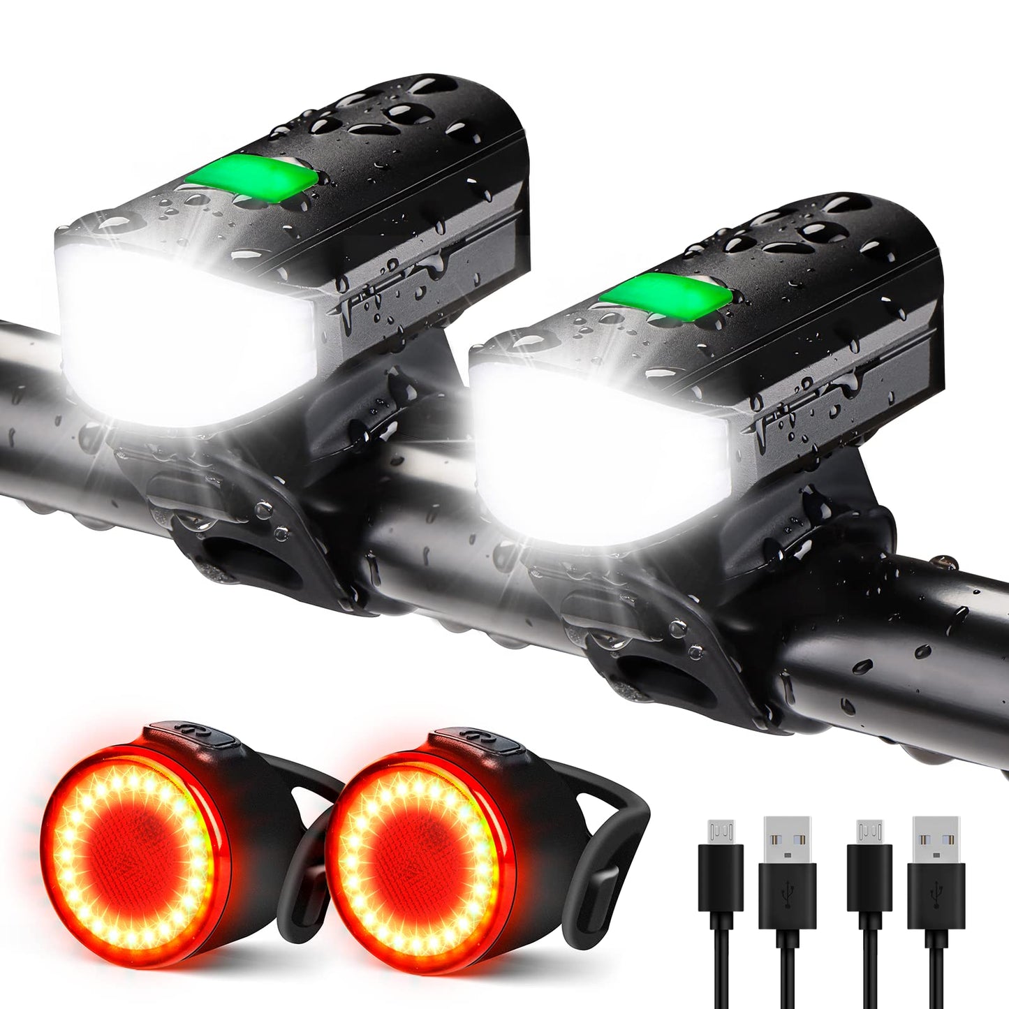 Favorbrite 2 Pack Bike Lights Set 1500LM USB Rechargeable Bicycle Headlight & Tail Light Waterproof 5 Lighting Modes Fits Bicycl