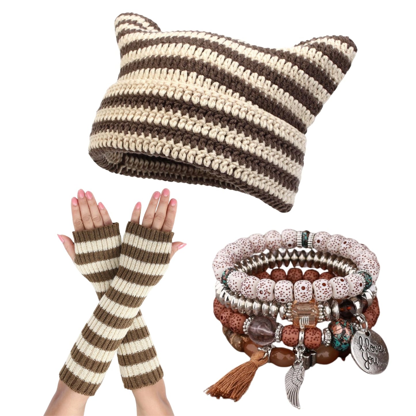 yolrdiw Therian Stuff Emo Grunge Fingerless Gloves Cute Cat Ears Hat Fairycore Stackable Bracelets