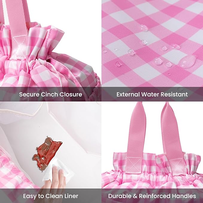 MEXS Lunch Bag for Women Reusable Drawstring Insulated Lunch Box Plaid Stain-Resistant Large Cinch Closure Lunch Bags for Picnic