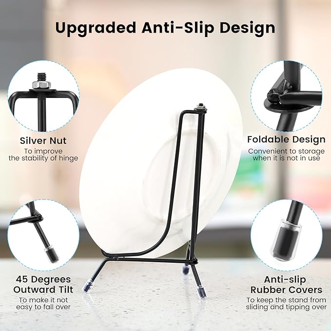 6-Pack Upgraded Anti-Slip Plate Stands for Display, 6 Inch Decorative Iron Plate Holders, Easel, Frame, Book, Card, Plaque, Picture Display Stands