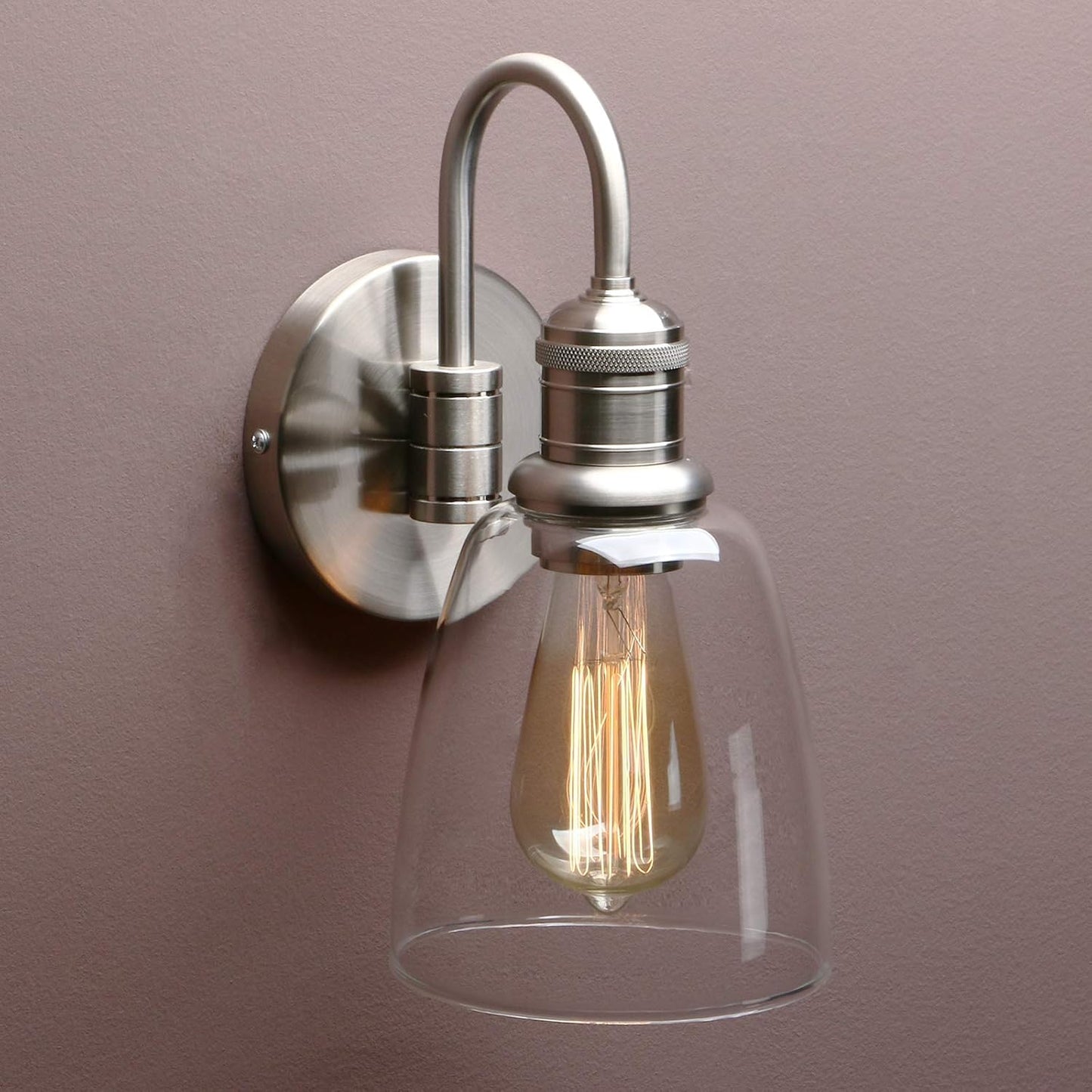 Yosoan 1-Light Brass Modern Vintage Indoor Wall Sconce, Vanity Single Luxury Hardwired Retro Textured Clear Oval Cone Glass Shade with Industrial Gooseneck Curved Rod Bathroom Lamp(Brushed)