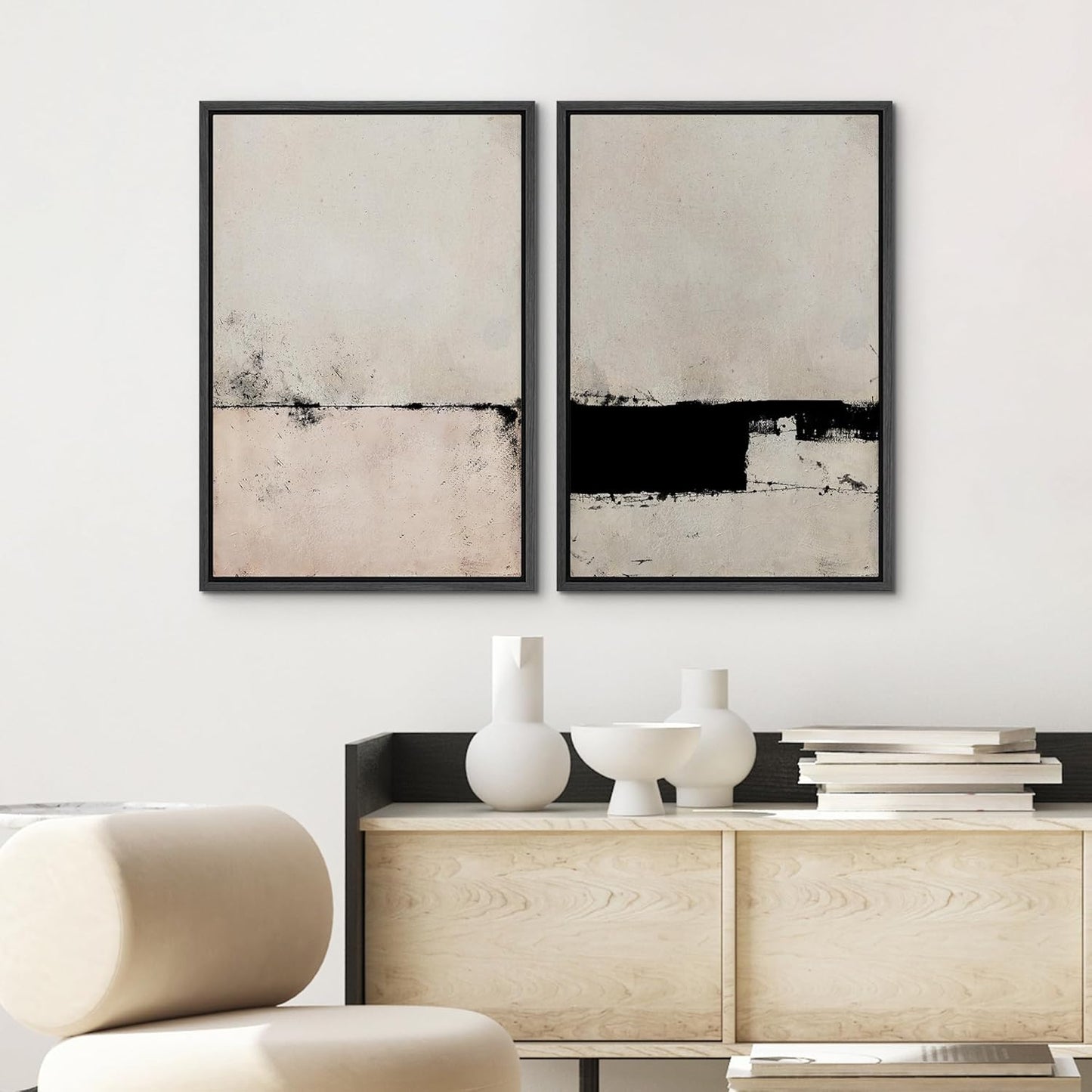 SIGNWIN Framed Canvas Print Wall Art Set Pastel Industrial Grunge Landscape Abstract Shapes Illustrations Minimal Decorative Nordic Relax/Zen for Living Room, Bedroom, Office - 24"x36"x2 Black