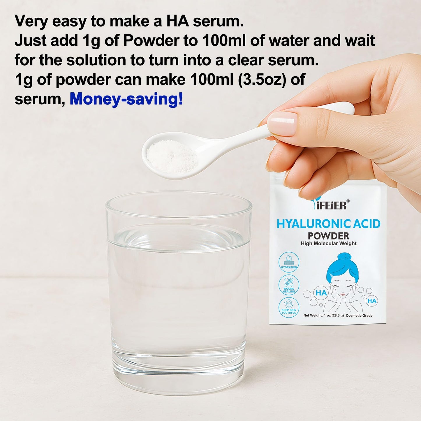 iFEiER Hyaluronic Acid Powder | High Molecular Weight Hyaluronic Acid Serum Powder | 1oz(28.3g) Cosmetics Grade | Sodium Hyaluro