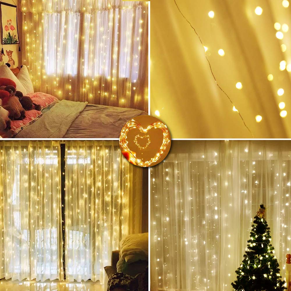 Vicila Curtain Lights 300 LED String Lights USB Powered 8 Modes Timer Remote Dimmable Copper 9.8ft x 9.8ft Warm White