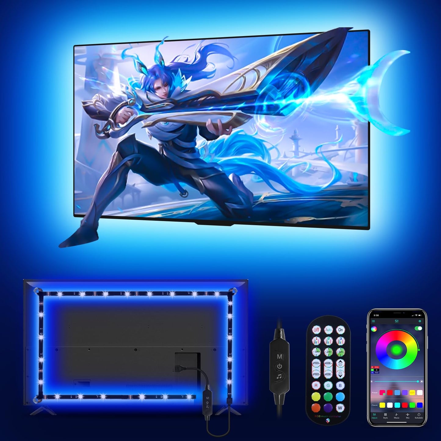 Daymeet Led Tv Backlight, 13.1Ft Usb Rgb Light Strip With Remote, Music Sync For 40-65 Inch Tvs, Solid Colors, Copper Material