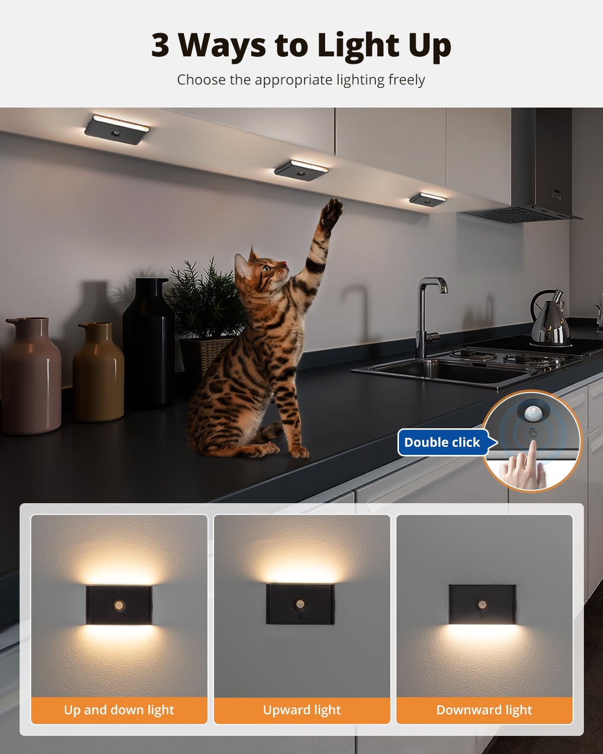 Wowatt 6 Packs Rechargeable Motion Sensor Stair Light Black (Magnetic Mounting Design)(Sensor Modes Available)(Lighting Dimmable) Battery Night Lights For Stairway  Hallway  Bathroom