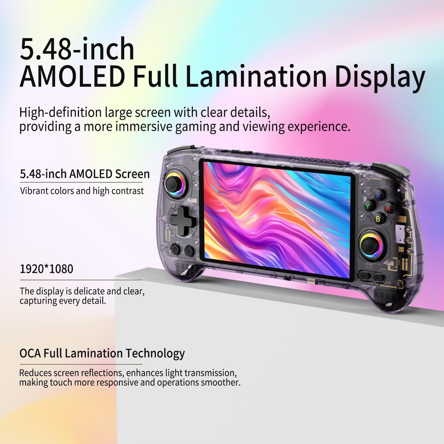 RG557 Retro Handheld Game Console , 5.48 Inch AMOLED Screen Handheld Emulator Android 14 System Dimensity 8300 Processor Support WiFi 6E Bluetooth 5.3(Transparent Purple)