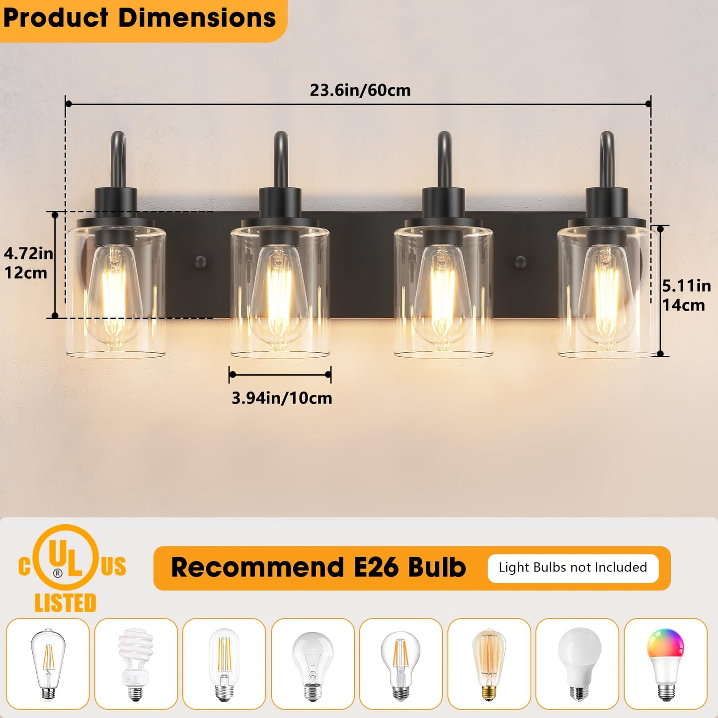 Baocuz 4-Light Vanity Lights for Bathroom, Modern Black Bathroom Light Fixtures Over Mirror, 23.6 inch Bathroom Wall Sconces for Hallway, Bedroom, Living Room with Clear Glass Shade